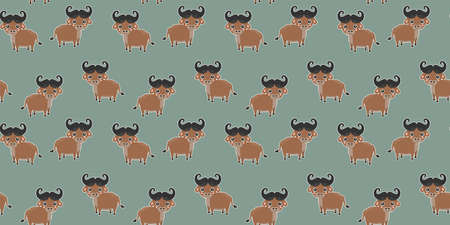 Seamless pattern of cute childish cartoon African buffalos with white outlines like stickers on a greeny gray background. For printing on children's clothing, fabric, textile. Vector.のイラスト素材