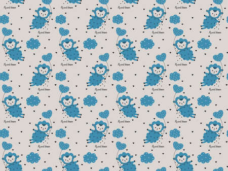 Cute children's seamless pattern of little blue cartoon lambs flying with heart-shaped balloons, calligraphic inscriptions "Fly and Dream" and clouds on a beige background. Scandinavian style. Vector.のイラスト素材