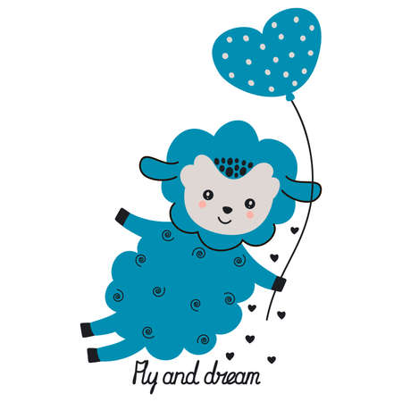 Cute children's cartoon illustration of a little blue lamb flying with a heart-shaped balloon and a calligraphic inscription "Fly and Dream" in a Scandinavian style on a white background. Vector.のイラスト素材