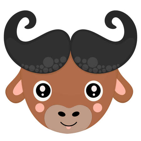 Cute childish head of cartoon African buffalo with protruding tongue and rosy cheeks isolated on white background. A funny muzzle for printing on children's clothing. Vector.のイラスト素材