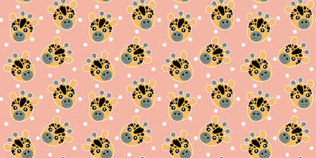 Cute cartoon seamless pattern of a baby giraffe muzzles with ruddy pink cheeks, protruding tongues, white circles on a pink background. The faces of African animals for nursery decor, apparel. Vector.のイラスト素材