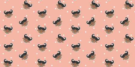 Cute childish seamless pattern of cartoon African buffalo heads with protruding tongues and rosy cheeks on pink background. Repeating funny muzzles for printing on children's clothing, textile. Vectorのイラスト素材