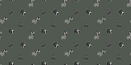 Seamless pattern of flat cartoon tapirs, western gorillas, and zebras on a gray background. Vector.