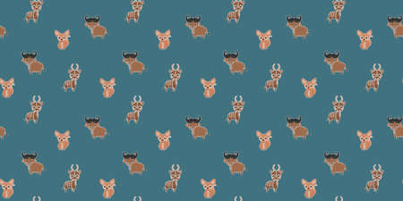 Seamless kids pattern of cartoon African buffalos, African fennec foxes, and bongo antelopes with ruddy cheeks on a blue background. Vector.のイラスト素材