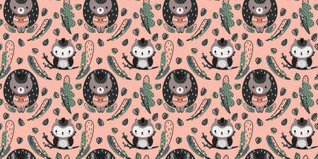 Seamless pattern of cute little hedgehogs and owls sitting on a branch surrounded by forest...