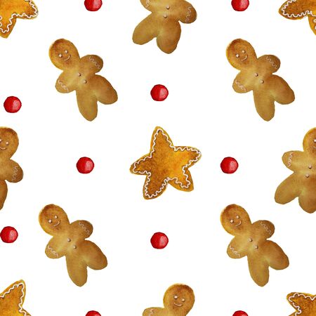 Seamless pattern christmas gingerbread cookies. Watercolor illustration. Gingerbread man and star.の写真素材