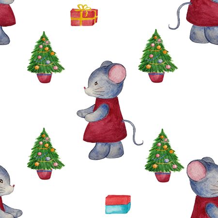 Seamless pattern with mouse, gifts and christmas tree.の写真素材