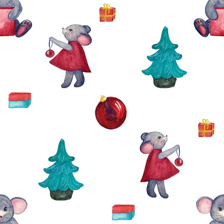 Seamless christmas pattern with mouse, gifts  and christmas treeの写真素材