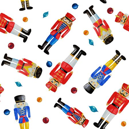 Seamless pattern with watercolor hand drawn nutcracker. For wrapping paper, pattern fills, web page background, surface textures.の写真素材