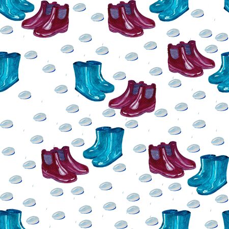 Seamless pattern watercolor neon magenta and turquise gumboots and rain drops. Rainy day backgroundの写真素材