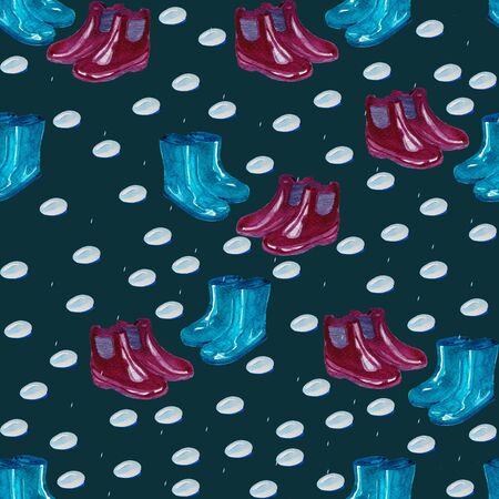 Seamless pattern watercolor neon magenta and turquise gumboots and rain drops. Rainy day backgroundの写真素材