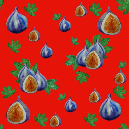 Watercolor seamless pattern with figs and leaves. Perfect for wrapping paper, food background