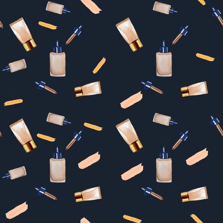 Seamless pattern with watercolor hand drawn foundation tube with cosmetic texture smear.の写真素材