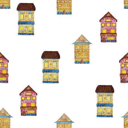 Seamless pattern with old european brick houses. Perfect for kids apparel, fabric, textile, nursery decoration, wrapping paper.の写真素材