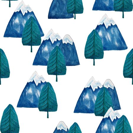 Seamless pattern with watercolor hand dravn mountains and pine trees. Ski resort background. Perfect for kids apparel, fabric, textile, nursery decoration, wrapping paper.の写真素材