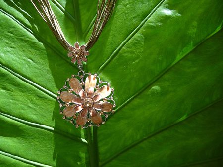 Beautiful necklace on green leafの写真素材