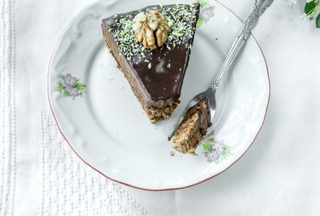 A piece of dark chocolate cake on a plate.