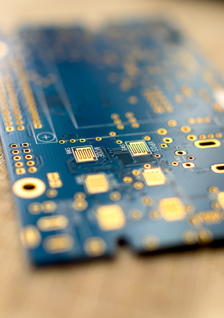 Circuitboard with resistors microchips and smd electronic components - selective focus