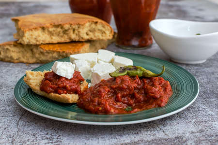 Dish of minced peppers, tomatoes and spices, cooked to a pulp - bulgarian traditional lutenitsaの写真素材