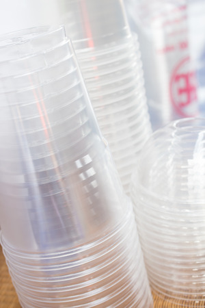 stack of plastic glass in cafe for serveの写真素材