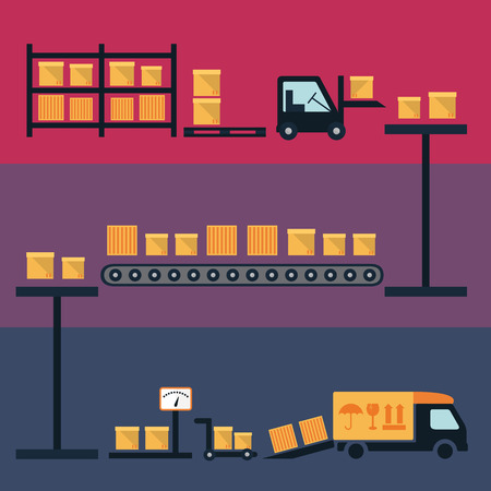 Cargo and delivery, shipping process vector illustration with boxes, container and freight trucksのイラスト素材