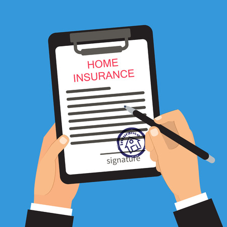 Home insurance vector illustration. Hands holding and signing documentのイラスト素材