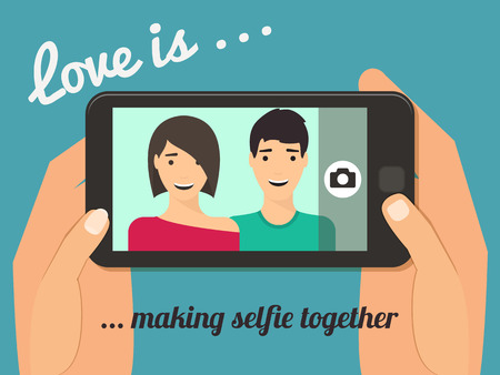 Love is Couple taking selfie together. Hand holding smartphone vector illustration.のイラスト素材
