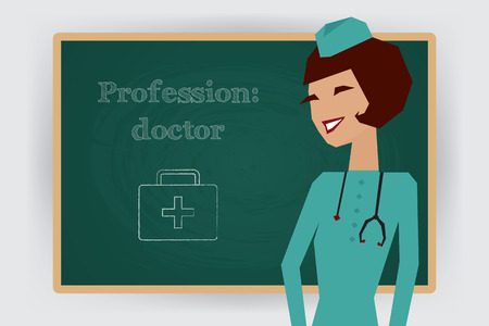 Occupation, doctor profession. Woman in medical uniform standing at chalk board. Vector illustrationのイラスト素材