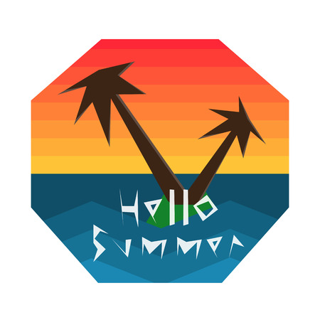 Hello summer geometric vector illustration. Summer holidays  set with sky, ocean and palm treeのイラスト素材