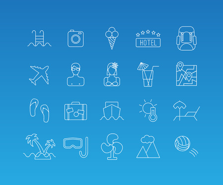Summer holiday rest, travel and tourism vacation linear pictograms. Vector set of 20 icons in trendy mono line styleのイラスト素材