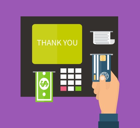 ATM terminal and credit card, cash, bank service. Flat design vector.のイラスト素材