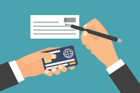 Hands holding card, signing bank check. Paying options. Flat design vector illustrationのイラスト素材