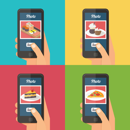 People taking picture photo of food in restaurant with smartphone, sharing in social network selfie shot flat vector illustrationのイラスト素材