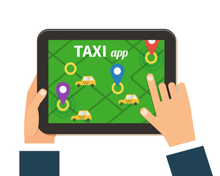 Public taxi online service, mobile application. Navigation map with yellow taxi and hand holding tablet. Flat vector app illustration.のイラスト素材