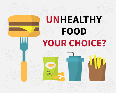 Choice of unhealthy food, junk fast food icons. Flat design vector illustration. Sign motivatorのイラスト素材