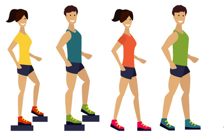 Exercising couple, fitness man and woman. Flat design illustration.のイラスト素材