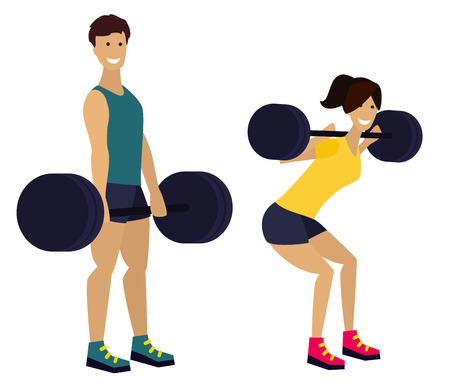 Fitness man and woman with barbell in gym. Exercising couple.  Flat design illustration.のイラスト素材