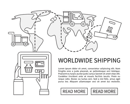 Worldwide shipping and delivery, online shopping. Flat line vector illustration.のイラスト素材