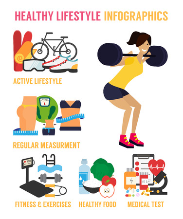 Healthy lifestyle infographic. Fitness, healthy food and active living. Flat design vector illustration.のイラスト素材