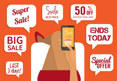 Shopping addiction. Sale signs. woman holding smartphone. Flat design vector illustration.のイラスト素材