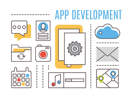 Application development. Mobile apps. Thin line flat vector icons.のイラスト素材