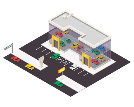 Vector isometric car store building.  3d city map elementsのイラスト素材