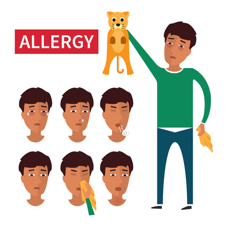 Allergy symptoms. Allergic reaction on domestic animals. Cats allergen. Vector illustration.のイラスト素材