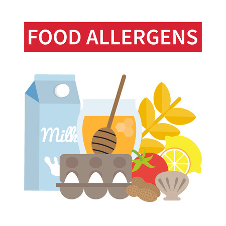 Food allergens. Food products that may cause allergy. Menu for allergic people. Vector illustration.のイラスト素材