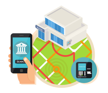 Bank service search. Online navigation mobile technologies. Vector illustrationのイラスト素材