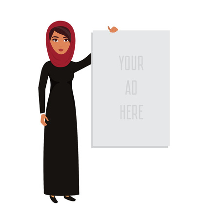 Arab business woman, teacher profession with place for advertising. Muslim businesswoman wearing hijab. characterのイラスト素材