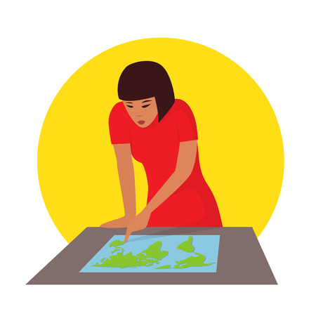 Travelling concept. Woman planning journey searching a map. Vector illustrationのイラスト素材