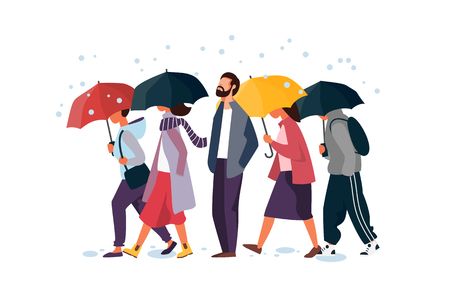 People holding umbrella, walking under the rain. Man and woman autumn characters vector illustration.の写真素材