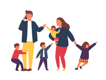 Family with kids. Tired parents with naughty children. Couple of people with babies. Vector illustration.のイラスト素材