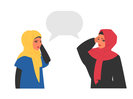Muslim women chatting with speech bubbles. Place your text vector illustration.のイラスト素材